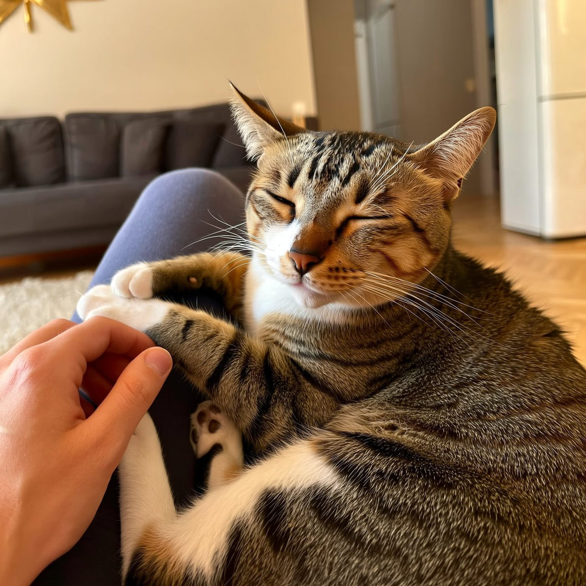 Котка мърка в скута на стопанина си