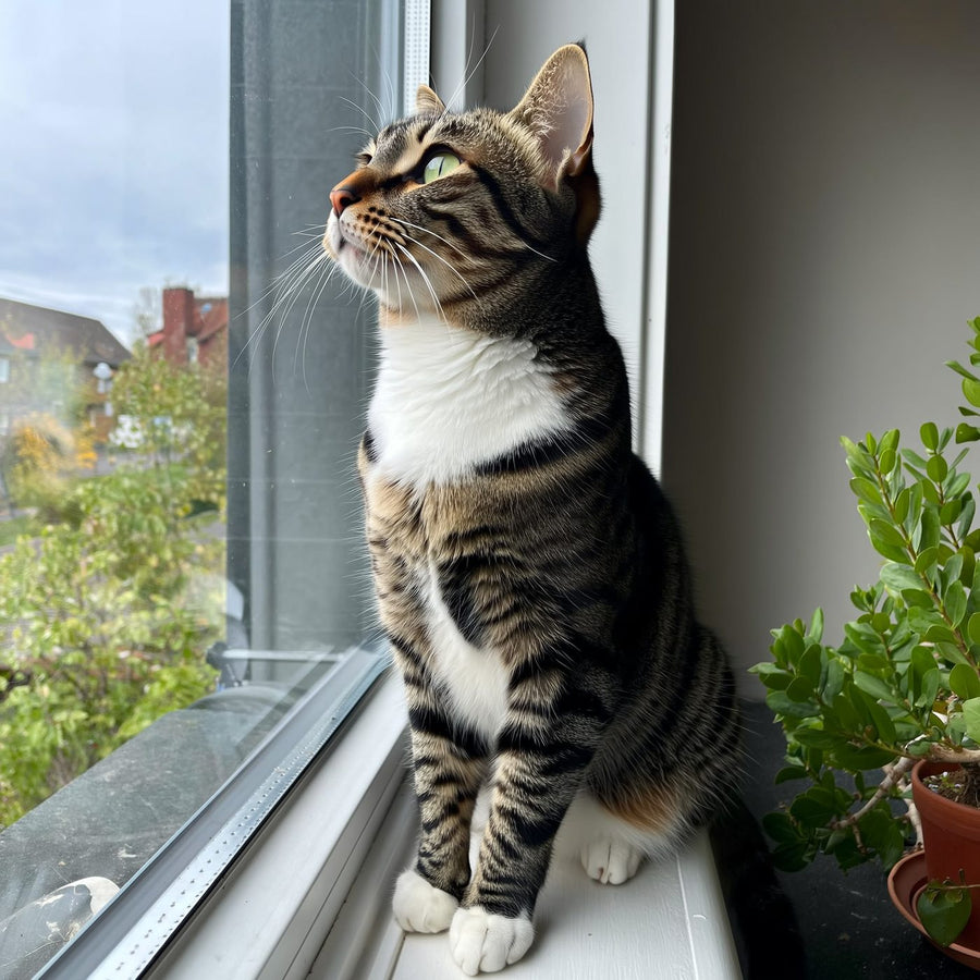 Котка седи на перваз и наблюдава