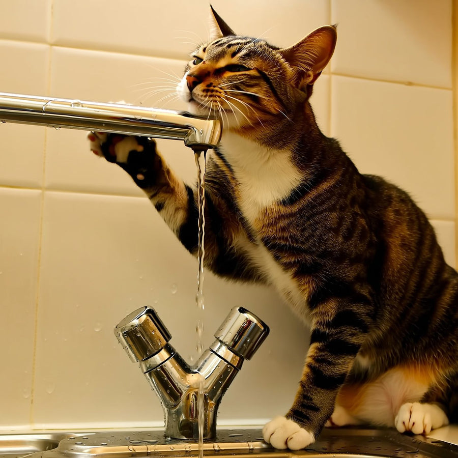 Котка играе с капеща вода от чешма