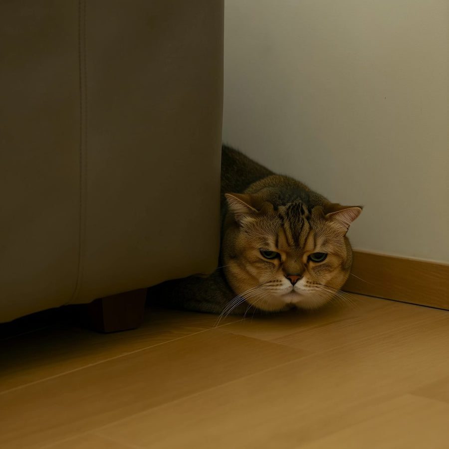 Котка се крие под мебел и изглежда неразположена